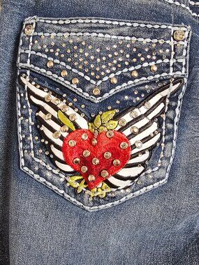 Mall Goth McBling Thick Stitch Heart Y2K Rhinestone Bootcut Jeans SKY 13/14